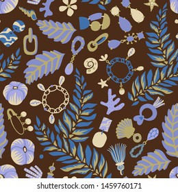 Jewelry set seamless pattern. Handmade and nature jewelry elements. Vintage accessories. Necklace, tassels, shells, earring, jewelry, pendant, shackle, sprigs, coulomb. Good for textile, fabric.