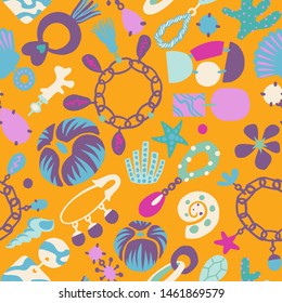 Jewelry set seamless pattern. Handmade and nature jewelry elements. Vintage accessories. Necklace, tassels, shells, earring, jewelry, pendant, shackle, coulomb. Good for textile, fabric.