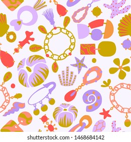 Jewelry set seamless pattern. Handmade and nature jewelry elements. Vintage accessories. Necklace, tassels, shells, earring, jewelry, pendant, shackle, coulomb. Good for textile, fabric.