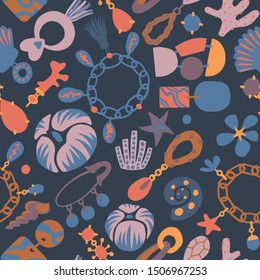 Jewelry set seamless pattern. Handmade and nature jewelry elements. Vintage accessories. Necklace, tassels, shells, earring, jewelry, pendant, shackle, coulomb. Good for textile, fabric.