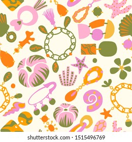 Jewelry set seamless pattern. Handmade and nature jewelry elements. Vintage accessories. Necklace, tassels, shells, earring, jewelry, pendant, shackle, coulomb. Good for textile, fabric.