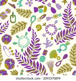 Jewelry set seamless pattern. Handmade and nature jewelry elements. Vintage accessories. Necklace, tassels, shells, earring, jewelry, pendant, shackle, sprigs, coulomb. Good for textile, fabric.