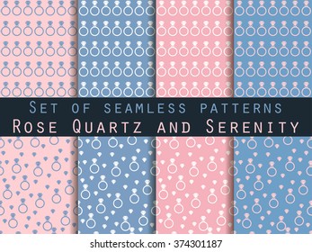 Jewelry. Set of seamless patterns with diamonds. Rose quartz and serenity violet colors. The pattern for wallpaper, bed linen, tiles, fabrics, backgrounds. Vector illustration.