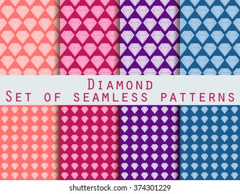 Jewelry. Set of seamless patterns with diamonds. The faceted diamond. The pattern for wallpaper, bed linen, tiles, fabrics, backgrounds. Vector illustration.