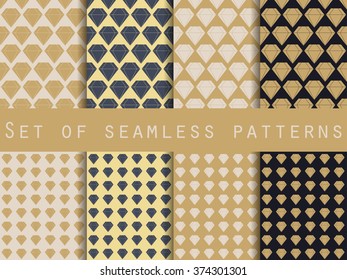 Jewelry. Set of seamless patterns with diamonds. The faceted diamond. The pattern for wallpaper, bed linen, tiles, fabrics, backgrounds. Vector illustration.