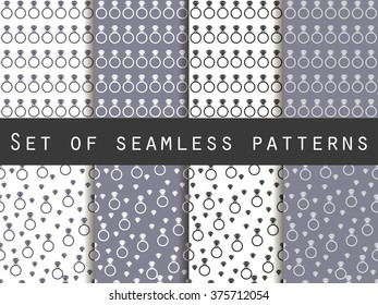 Jewelry. Set of seamless patterns with diamonds. Black and white color. The pattern for wallpaper, bed linen, tiles, fabrics, backgrounds. Vector illustration.
