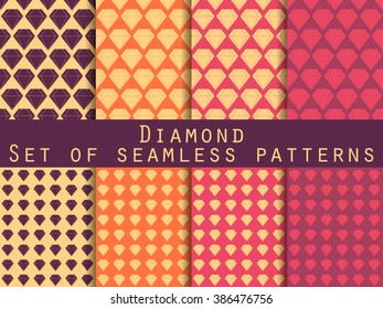Jewelry. Set of seamless patterns with diamonds. The faceted diamond. The pattern for wallpaper, bed linen, tiles, fabrics, backgrounds. Vector illustration.