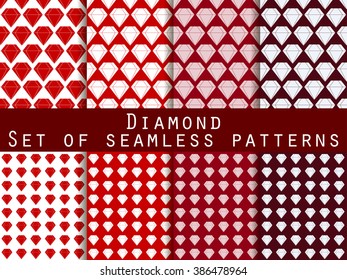 Jewelry. Set of seamless patterns with diamonds. The faceted diamond. The pattern for wallpaper, bed linen, tiles, fabrics, backgrounds. Vector illustration.