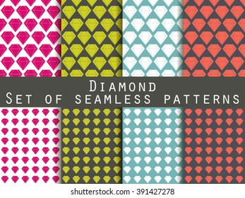 Jewelry. Set of seamless patterns with diamonds. The faceted diamond. The pattern for wallpaper, bed linen, tiles, fabrics, backgrounds. Vector illustration.