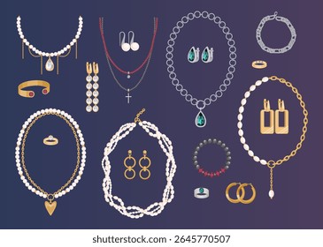 Conjunto de joias. Adesivos com acessórios de ouro e prata e joias com pedras preciosas, pérolas e diamantes. Pingentes, anéis e brincos. Coleção de ilustrações de vetor plana isolada no plano de fundo