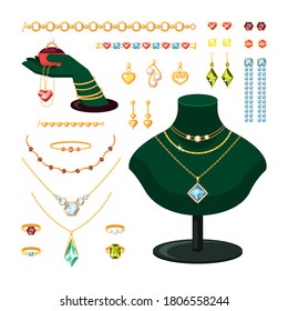 Jewelry set. Stylish rings bracelets with diamonds and rubies gold earrings pendants with pearls vintage expensive jewelry necklaces emeralds and sapphires. Cartoon precious vector.