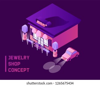 Jewelry shop concept in isometric 3d style. Dark blue background, pink and purple store front drawn with gradients at night. Isolated on background bright contemporary illustration.