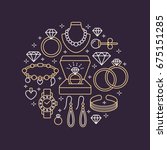 Jewelry shop, diamond accessories banner illustration. Vector line icon of jewels - gold watches, engagement rings, gem earrings, silver necklaces, charms, brilliants. Fashion store circle template.