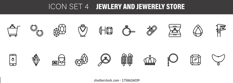 Jewelry and Jewelry shop, diamond accessories banner illustration. Vector line icon of jewels - rings, gem earrings, necklaces, charms bracelets, brilliants.