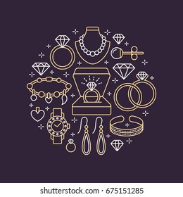 Jewelry Shop, Diamond Accessories Banner Illustration. Vector Line Icon Of Jewels - Gold Watches, Engagement Rings, Gem Earrings, Silver Necklaces, Charms, Brilliants. Fashion Store Circle Template.