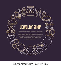 Jewelry shop, diamond accessories banner illustration. Vector line icon of jewels - gold engagement rings, gem earrings, silver necklaces, brilliant. Fashion store circle template with place for text.