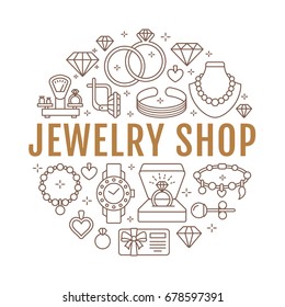 Jewelry shop, diamond accessories banner illustration. Vector line icon of jewels - gold engagement rings, gem earrings, silver necklaces, charms bracelets, brilliants. Fashion store circle template.
