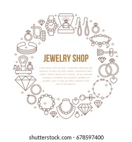 Jewelry shop, diamond accessories banner illustration. Vector line icon of jewels - gold engagement rings, gem earrings, silver necklaces, brilliant. Fashion store circle template with place for text.