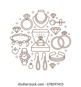 Jewelry shop, diamond accessories banner illustration. Vector line icon of jewels - gold watches, engagement rings, gem earrings, silver necklaces, charms, brilliants. Fashion store circle template.