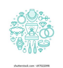 Jewelry shop, diamond accessories banner illustration. Vector line icon of jewels - gold watches, engagement rings, gem earrings, silver necklaces, charms, brilliants. Fashion store circle template.