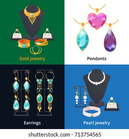 Jewelry shop with different luxury accessories. Sapphire, diamond and golden bracelet. Diamond and brilliant, pearl and jewellery, vector illustration