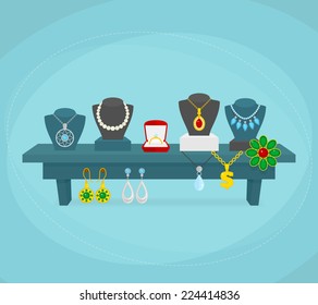 Jewelry shop display concept with silver gold wedding jewellery vector illustration