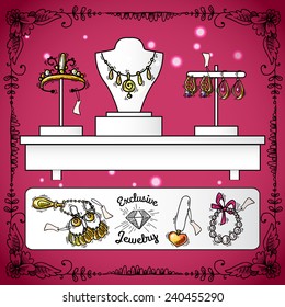 Jewelry shop display with exclusive sketch luxury wedding accessories vector illustration