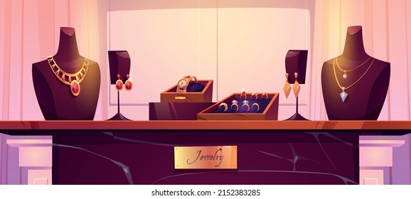 Jewelry shop display with gold necklaces on mannequins, rings with diamonds, wristwatch in box and earrings. Vector cartoon illustration of store showcase with golden jewellery on marble stand