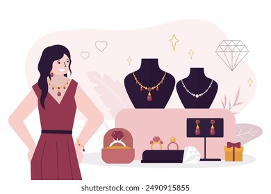 Jewelry shop display with gold necklaces on mannequins, rings with diamonds in gift box and earrings. Beauty woman fitting various golden jewellery. Elegant female character. flat vector illustration