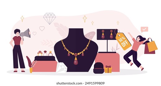 Jewelry shop display with gold necklaces on mannequins, rings with diamonds in gift box and earrings. Beauty woman buying various golden jewellery. Seller uses megaphone for marketing. flat vector