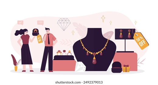 Jewelry shop display with gold necklaces on mannequins, rings with diamonds in gift box and earrings. Man buying golden jewellery. Female manager offers expensive ring to male customer. flat vector