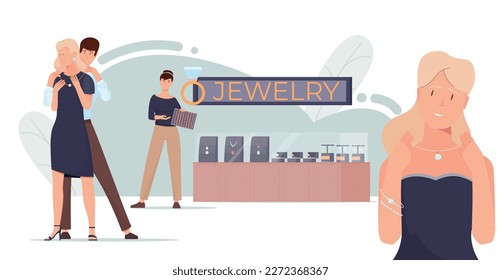 Jewelry shop flat composition with indoor scenery of fashion store with rings necklaces and loving couple vector illustration