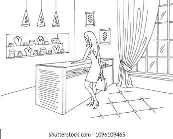 Jewelry shop graphic black white interior sketch illustration vector