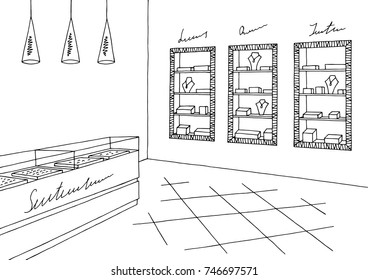 Jewelry shop graphic black white interior sketch illustration vector