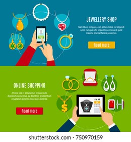 Jewelry shop horizontal banners with mobile device in hand for buying decorations online isolated vector illustration