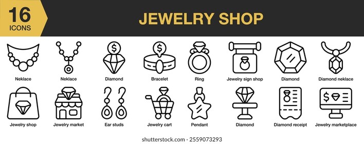 Jewelry Shop icon set. Includes Jewelry, Jewellery, Diamond, Necklace, Propose, and More. Outline icons vector collection.