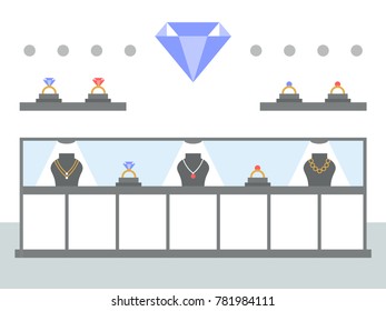 Jewelry shop interior, flat style vector illustration.