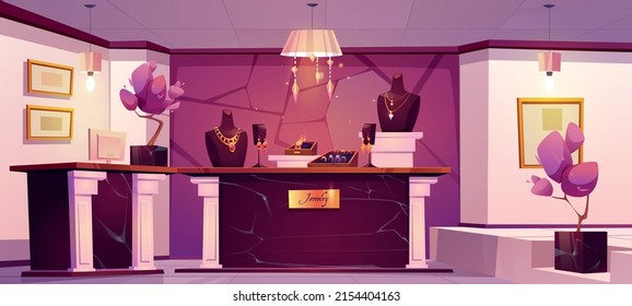 Jewelry shop interior with gold necklaces and chains on mannequins, rings with diamonds and earrings. Vector cartoon illustration of luxury store with golden jewellery, marble counter and cashbox