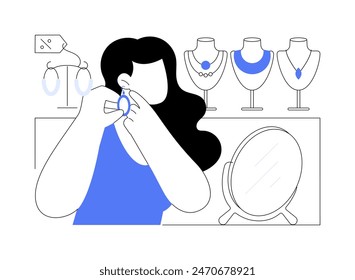 Jewelry shop isolated cartoon vector illustrations. Smiling girl trying on earrings in a jewelry store, day in the shopping mall, consumerism idea, buying accessories vector cartoon.