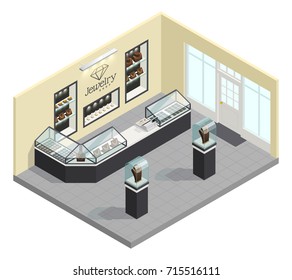 Jewelry shop isometric interior with female adornments in glass showcases without seller and buyers vector illustration 