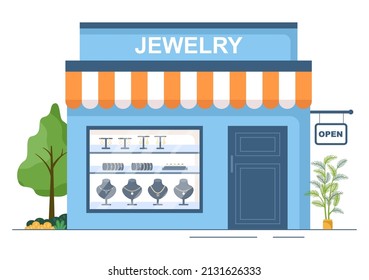 Jewelry Shop Provides Necklaces, Earrings and Bracelets from Gems in Flat Style illustration for Poster Background