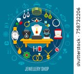 Jewelry shop round composition with female and male decorations including hand watch on blue background vector illustration
