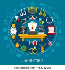 Jewelry shop round composition with female and male decorations including hand watch on blue background vector illustration