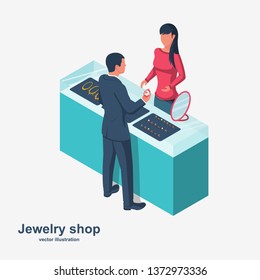 Jewelry shop. Sale of jewelry. Showcase in the store to buy gold. Man buys a wedding ring at store. Vector illustration flat design. Isolated background. Web banner, template for design and promotion.