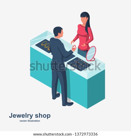 Jewelry shop. Sale of jewelry. Showcase in the store to buy gold. Man buys a wedding ring at store. Vector illustration flat design. Isolated background. Web banner, template for design and promotion.