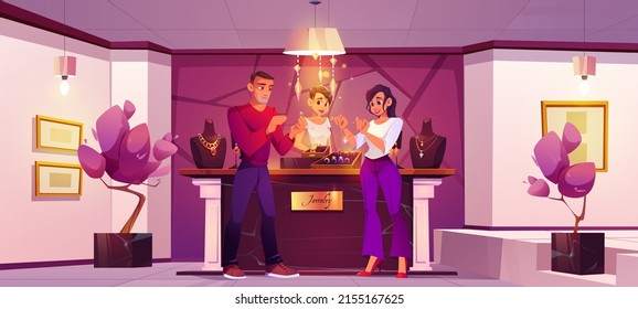 Jewelry shop with seller and customers buy gold chain and ring with diamonds. Vector cartoon illustration of people in luxury store with golden jewellery, necklaces on mannequins and marble counter