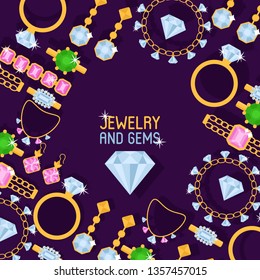 Jewelry shop set of banners vector illustration. Diamond accessories. gold watches, engagement rings in box, gold necklaces, earrings, bracelet, charms, brilliants. Fashion store.