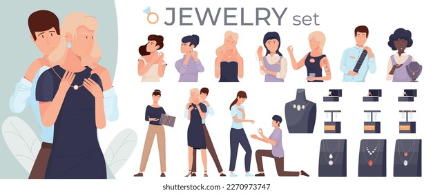 Jewelry shop set of flat compositions with loving couple doodle human characters shop displays and jewels vector illustration