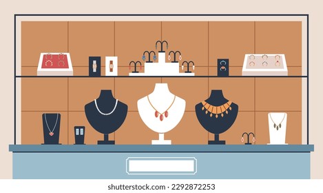 Jewelry shop showcase. Modern glamor accessories behind glass, precious models presentation, necklaces and earrings, rings on stands, cartoon flat isolated illustration nowaday vector concept