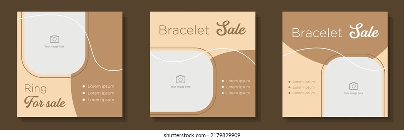 Jewelry shop social media post, banner set, jeweler store advertisement concept, fashion accessories marketing square ad template, rings, bracelet abstract print, isolated on background.